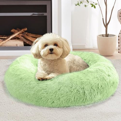 JOLLYVOGUE Calming Dog Bed Medium Size Dog, 31in Donut Washable Medium Pet Bed, Anti-Slip & Anti-Anxiety Fluffy Faux Fur Round Dogs Bed, Fits up to 45 lbs Pets (Light Green)