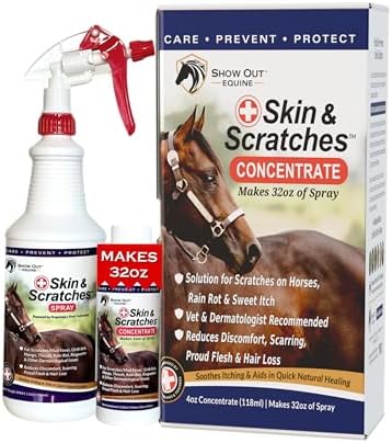 Show Out Skin & Scratches 4 oz Concentrate - Fast Relief and Prevention for Horse Care. Use on Equine Scratches/Mud Fever, Girth Itch, Mange, Thrush, Rain Rot, Ringworm, etc w/Empty Spray Bottle