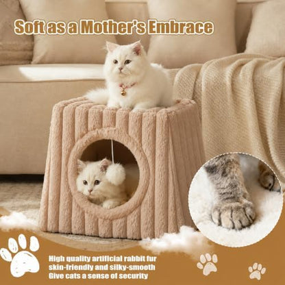 Dogpals Cat Cave Bed 15.74"x15.74"x13.38" Large with Balls (Khaki)