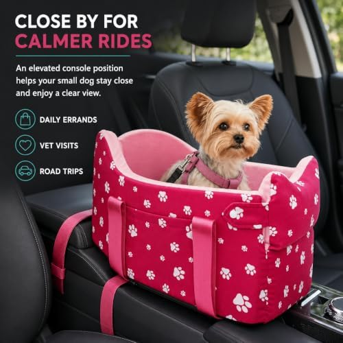 Center Console Dog Car Seat for Small Dogs Under 15 lbs - Detachable Washable Carrier with Safety Belt & Storage Pockets, Pink
