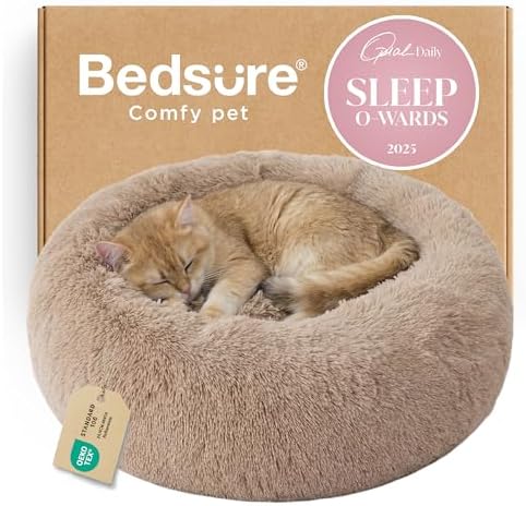 Bedsure Calming Cat Beds Donut Round Washable Kitten Bed,20 inches Camel