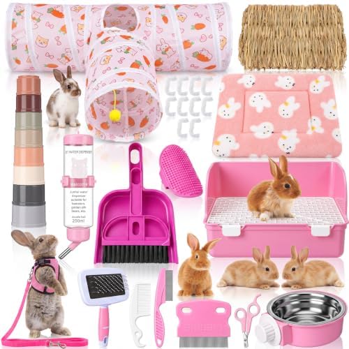34 Pcs Rabbit Starter Kit Rabbit Litter Box Small Animal Water Bottle Cups Bunny Tunnels Animal Grooming Kit Bowl Blanket with Cleaning Set for Guinea Pig Bunny(Style 3,Sakura Pink)