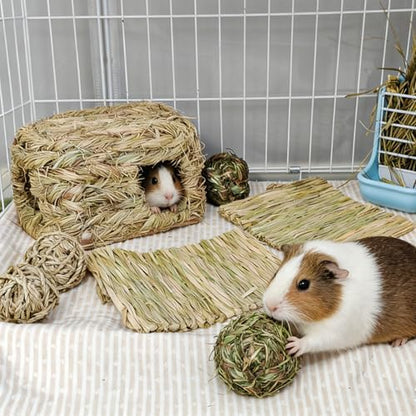Hamiledyi Bunny Grass House Guinea Pig Grass Bed Hand-Woven Hay Hut Natural Seagrass Balls for Dwarf Rabbit Guinea Pig Chinchilla Ferret Hedgehog