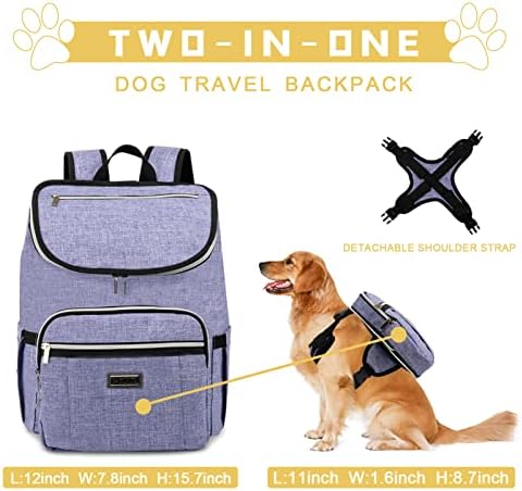 BAGLHER Travel Dog Backpack - Detachable Travel Dog Food Container for Pet Supplies Dog Gear Backpack,Dog Bag for Traveling with 2 Silicone Collapsible Bowls and 2 Food Baskets Purple