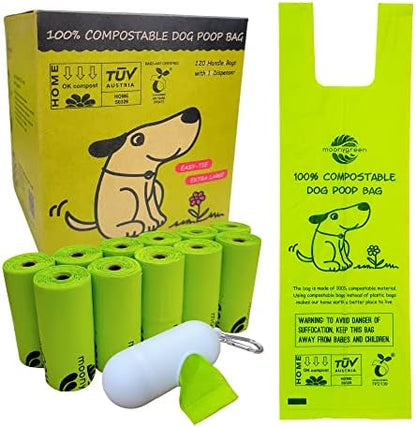 Dog Poop Bag, Compostable Dog Poop Bags, Doggied Poop Bags, Eco-Friendly, Unscented, Vegetable-Based, Extra Thick, Leak Proof, for Dogs and Cat Scoops, 120 Counts with Holder