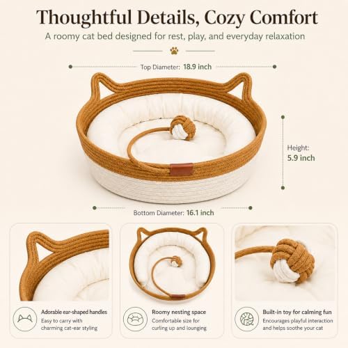 Instinct Cat Basket Bed, Handwoven Cotton Rope Cat Bed with Toy Ball and Cat Ear Handles, Breathable Scratch-Friendly Round Woven Basket for Indoor Cats and Kittens Brown