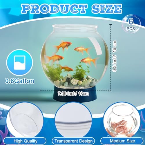 Mifoci 6 Pcs Fish Bowl Plastic Fish Tank Clear 100 oz Goldfish Bowl Multipurpose Round Desktop Aquarium Transparent for Home Office Goldfish Turtle Candy Party Favors, 7.09 x 6.3 Inch