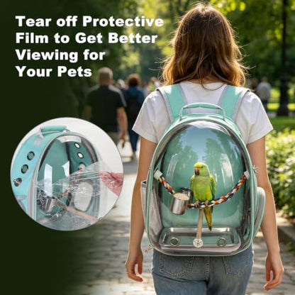 Bird Travel Carrier, Bird Backpack Cage with Rope & Wood Perches Tray Food Bowl, Portable Clear Bubble Window Breathable Mesh Bag for Small Medium Parrots Cockatiel Parakeet Budgies Conures Lovebirds