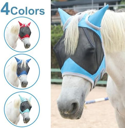 Horse Fly Mask with Ears, Breathable Fine Mesh Pale Blue Cob