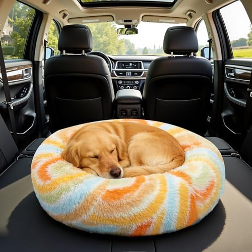 Calming Donut Dog Bed for Small Dogs, Fluffy Round Sofa Burrow Bed, Orthopedic Waterproof Anti-Anxiety Pet Beds with Supportive Edge, Washable Soft Plush Cat Beds with Non-Slip Bottom