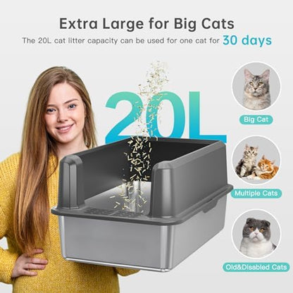 Stainless Steel Cat Litter Box, XL High Sided Open Top Litter Pan, 1 Scoop