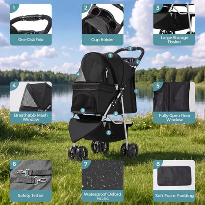 Pet Stroller for Small Medium Cats Dogs, 3-Wheel, One-Click Foldable