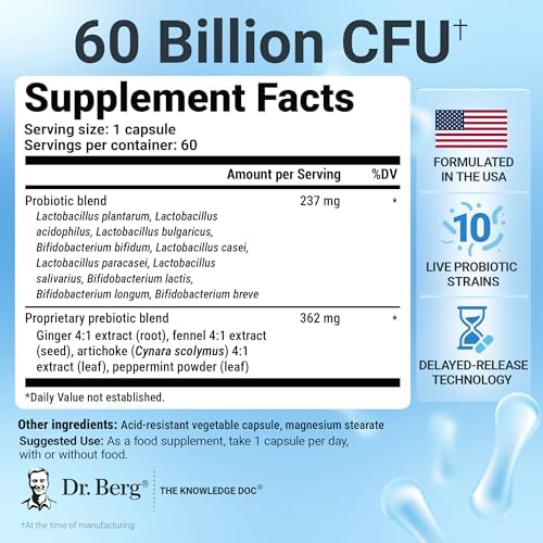 Dr. Berg Probiotic Supplement (60 Billion CFUs) - Helps Ease Occasional Constipation, Diarrhea, Gas & Bloating* - Pre and Probiotics for Digestive Health - 60 Probiotic Capsules