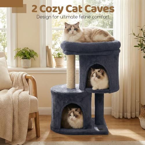 DORTALA Cat Tree for Indoor Cats, 26-Inch Cat Tower with 2 Cozy Condos, Sisal Scratching Post, Plush Top Perch, Modern Kittens Activity Play Center (Dark Grey)