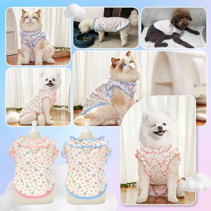2 Pack Floral Dog & Cat Dress with Tutu Skirt - Breathable Stretch Pet Clothes for Small Dogs Girl Cats & Puppies Birthday Party Outfit (2pack,Pink&Blue,XX-Large)