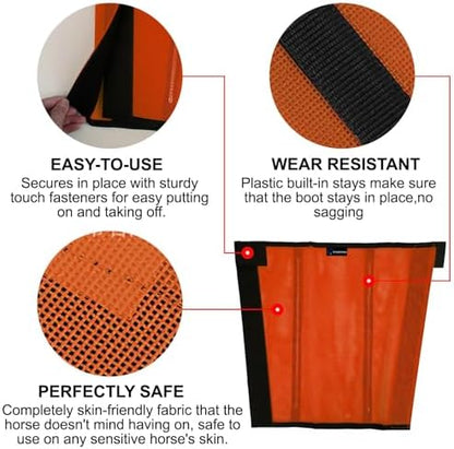 FOXLVDA Pony Fly Boots (Donkey/Mini Horse), Set of 4 - Loose Fitting Design, Breathable, Adjustable & UV Protective with Support Bars for Reduce Stomping & Leg Fatigue, 13hh-14.2hh (Orange, Medium)