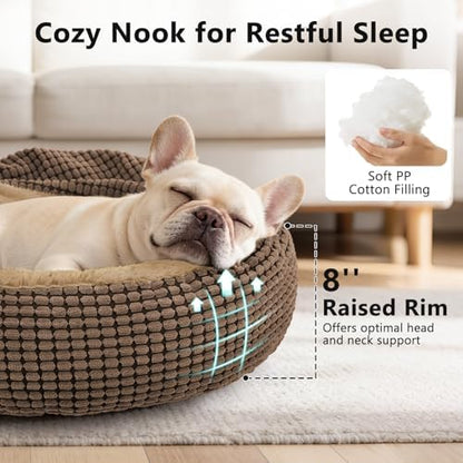 Dog Bed with Attached Blanket for Small Dogs or Cats, Soft Plush Cozy Donut Cuddler Hooded Pet Beds Washable. Round Puppy Bed Orthopedic, Calming Cat Cave Bed. Anti-Slip Bottom 26inch
