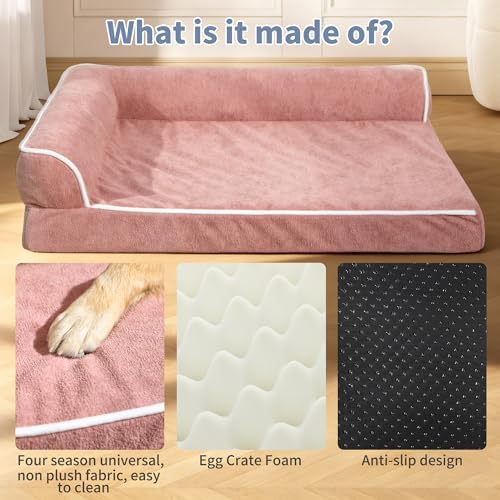 Orthopedic Dog Bed with Pillow L-Shape Dog Sofa for Large Medium Dogs, Dogs Couch with Removable Washable Cover, Pet Bed with Nonskid Bottom(Pink, Large(36x27in))