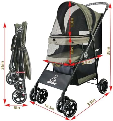 ROODO 4 Wheel Dog Cat Pet Stroller Best Lightweight Foldable Compact Portable Jogger All Terrain Travel Pet Gear Puppy Doggie Bunny Kitty Stroller for up to 30lbs Medium Small Dogs Cats(sage Green)