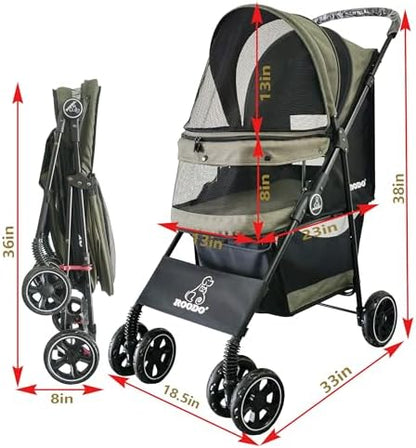 ROODO 4 Wheel Dog Cat Pet Stroller Best Lightweight Foldable Compact Portable Jogger All Terrain Travel Pet Gear Puppy Doggie Bunny Kitty Stroller for up to 30lbs Medium Small Dogs Cats(sage Green)
