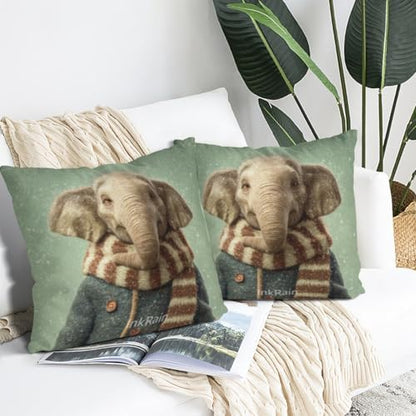InkRain Winter Animal Cute Elephant Pillow Cover 26x26 Inch Set of 2 Home Decor Decorative Cotton Linen Illustration Pillowcases for Living Room House Sofa
