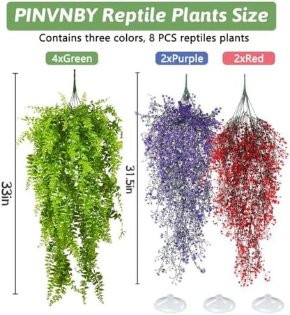 PINVNBY 8 Pack Reptile Plants Terrarium Hanging Fake Vines with Suction Cup Artificial Leaves for Bearded Dragons Lizards Geckos Snake Hermit Crab (4PCS Green, 2PCS Purple and 2PCS Red)