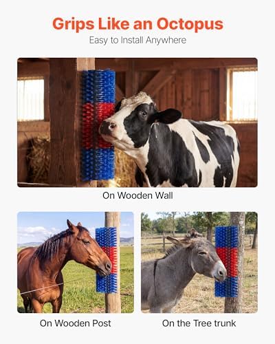 VEVOR Livestock Scratching Brush, 3PCS Goat Scratcher Brush Post with 12 Screws, 16.9" x 7.5" Cow Scratcher for Back Itch Relief, Massage Grooming Scratch Tool for Horse Cattle Sheep Pig, Blue & Red