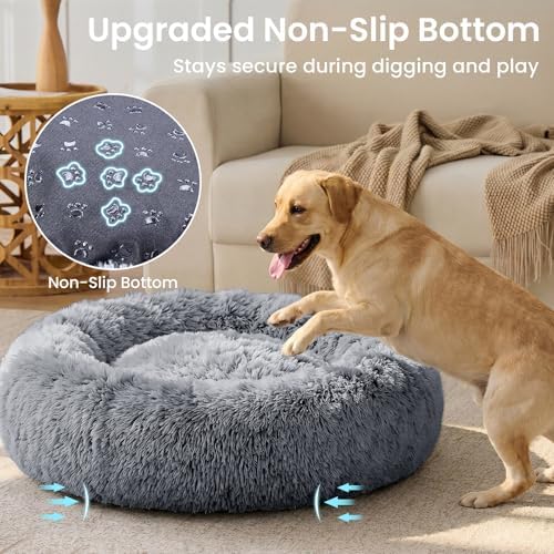 JOLLYVOGUE Calming Dog Beds Extra Large Sized Dog, 45in Donut Washable Large Pet Bed, Anti-Slip & Anti-Anxiety Fluffy Faux Fur Round Dogs Bed, Fits up to 125 lbs Pets (Smoke Black)
