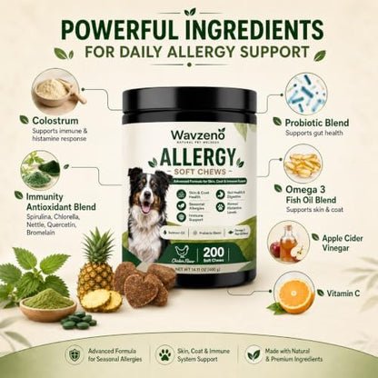 Dog Allergy Chews for Itchy Skin, Allergy Relief Soft Chews for Dogs with Probiotics, Omega 3 & Colostrum, Skin & Coat, Immune & Gut Health Support, Chicken Flavor, 200 Soft Chews