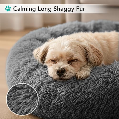 PetAmi Calming Donut Dog Bed, Washable Faux Fur, 23 Inch Small, Grey