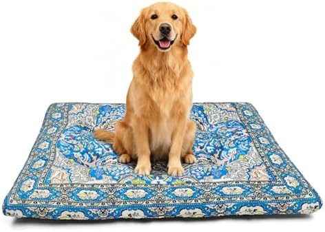 Washable Dog Crate Bed, Pet Cushions, Ultra Soft & Anti-Slip Crate Pad, Cozy Kennel Mat for Large/Medium/Small Dogs, Plush & Bohemian Dog Bed (Blue, 34.0" L x 22.0" W x 2.3" H)