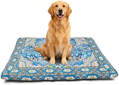 Washable Dog Crate Bed, Pet Cushions, Ultra Soft & Anti-Slip Crate Pad, Cozy Kennel Mat for Large/Medium/Small Dogs, Plush & Bohemian Dog Bed (Blue, 34.0" L x 22.0" W x 2.3" H)