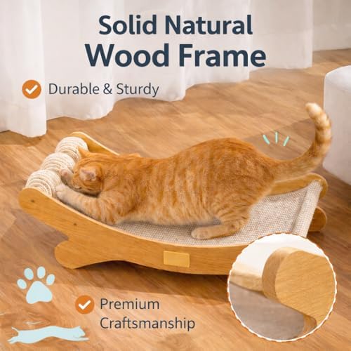 Cat Scratcher Bed Bone Shape Wooden Cat Sofa Bed with Ball Toy Indoor Cat Scratching Lounge Bed Durable Pet Recliner for Cats