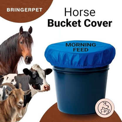 Horse Bucket Cover for Feed Protection & Organization, Keeps Flies & Dust Out, Elastic Fit for 2-5 Gallon Buckets, Livestock Feed Bucket Top - 1 Pack (Morning Feed)