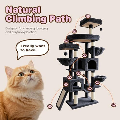 SHA CERLIN 82 inch Cat Tree Tower, Multi-Level Cat Condo with Plush Perches, Sisal Scratching Posts, Hammock and Toys, Stable Cat Tower for Kittens and Adult Cats, Dark Grey