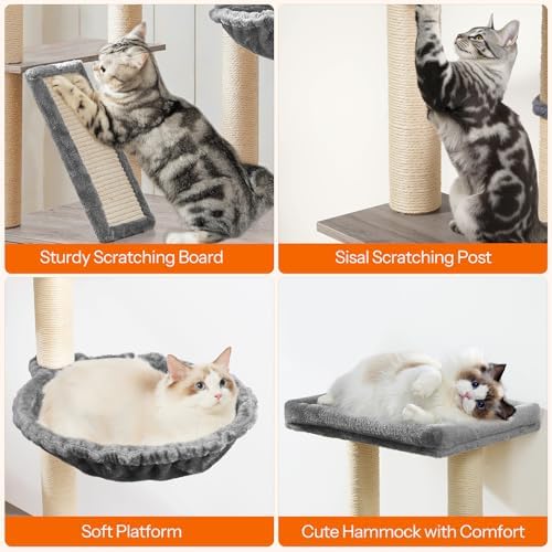 HOOBRO Cat Tree with Litter Box Enclosure, 44" Tall Wooden Cat Tower with Scratching Posts, Cat Hammock, Hidden Litter Box Furniture, All-in-One Indoor Cat Condo, Greige BG48MZ03