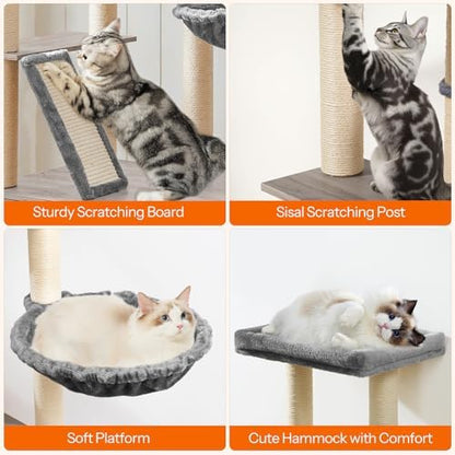 HOOBRO Cat Tree with Litter Box Enclosure, 44" Tall Wooden Cat Tower with Scratching Posts, Cat Hammock, Hidden Litter Box Furniture, All-in-One Indoor Cat Condo, Greige BG48MZ03