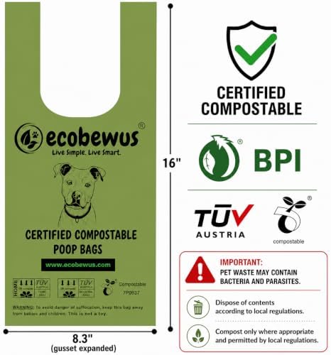 Certified Compostable Handle-Tie Dog Waste Bags (240 Bags), 16 Refill Rolls, Plant-Based Cornstarch, ASTM D6400 & EN 13432, TÜV OK Compost HOME Certified
