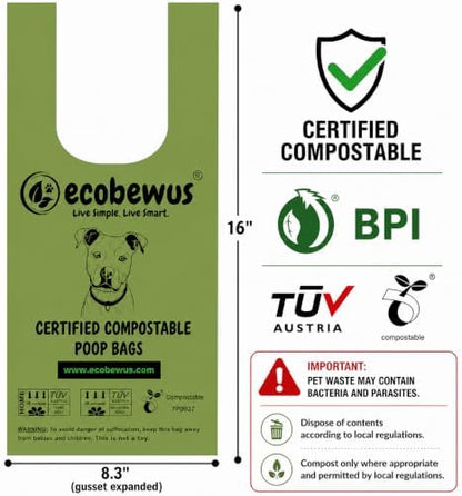 Certified Compostable Handle-Tie Dog Waste Bags (240 Bags), 16 Refill Rolls, Plant-Based Cornstarch, ASTM D6400 & EN 13432, TÜV OK Compost HOME Certified