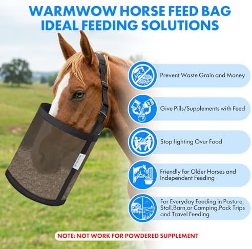 Horse Feed Bag Pack of 2 (Reinforced Bottom Edging), Feed Bags for Horses with Ventilation Mesh, Comfort Nose Pad Neck Pad, Adjustable Strap, Spill Proof Design for Feeding Grain, Supplements