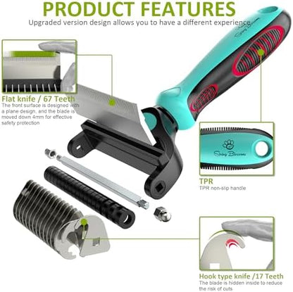 Spring Blossoms-2 in 1 Professional Grooming Rake for Cats & Dogs-Dematting Comb for Easy Mats & Tangles Removing,Pet Brush Safe No More Nasty Shedding and Flying Hair (Cyan)