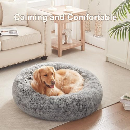 36 inches Faux Fur Fluffy Donut Dog Bed for Large Dogs,Dark Grey