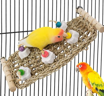 FlidRunest Conure Seagrass Mat with Grinding Calcium Stone Chewing Toy | Parrot Beak Grinding Stone and Seagrass Ladder Bridge Stands, Hand-Woven Net Climbing Net for Budgie Parakeet