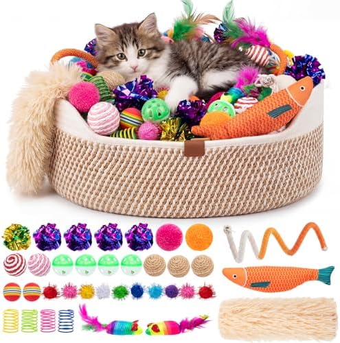 Leitee 40 Pcs Cat Toys with Cat Bed Storage Basket, White,Yellow