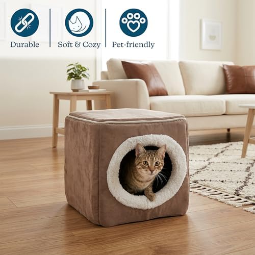 Cat House - Indoor Bed with Removable Foam Cushion - Cat Cave for Puppies, Rabbits, Guinea Pigs, and Other Small Animals by PETMAKER (Light Brown)