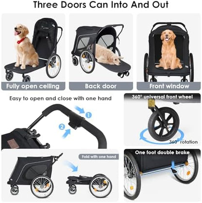 R8 Pro Extra Large Foldable Pet Stroller, Dog Stroller & Pet Trailer for Large Dogs Under 100 lbs, Unmovable, Disabled & Pregnant Dogs - Conveniently Carriable by Bike and Car, Black