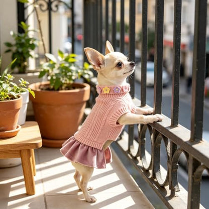 YUDODO Small Dog Sweater Dress with Bowtie Turtleneck - Knitted Pet Clothes