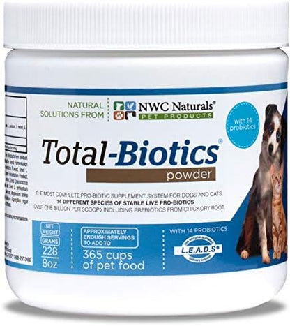 NWC Naturals Total-Biotics, Cat & Dog Probiotics for Digestive Health with Prebiotic, Unflavored Probiotic for Dogs & Cats, Supplement for Gut, Skin, Coat, Upset Stomach Relief, 365 Servings, 8 Ounces