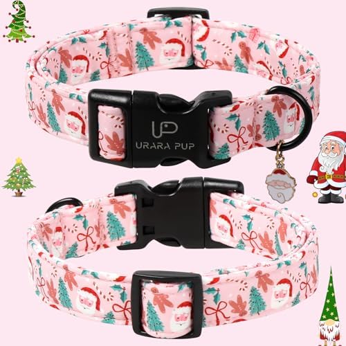 Xmas Dog Collars - Pink Christmas Tree & Santa Dog Collar with Gingerbread- Comfortable, Stylish Pet Collars with Quick Release Buckle for Christmas S