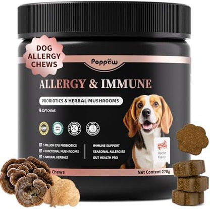 Dog Allergy Chews - Paw Licking, Seasonal Allergy & Itch Relief - Probiotics for Dogs Immune & Gut Health with Turkey Tail Mushroom, Pumpkin - Bacon Flavor - 90 Count